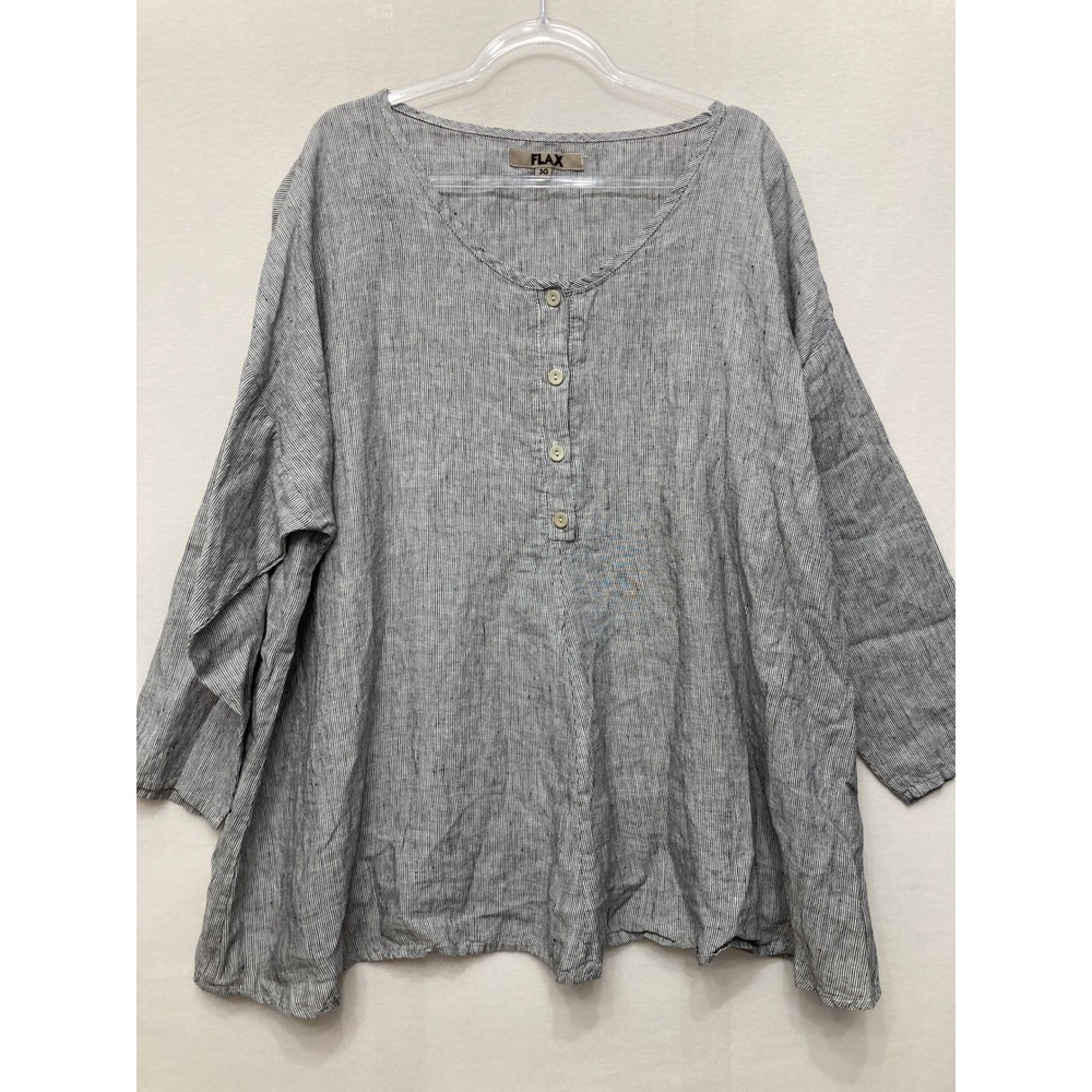FLAX 100% Linen Striped Tunic Top 3G 3X Henley Button Blouse Lagenlook Artsy